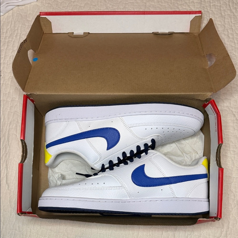 Brand new with box: Nike Men's White and Blue Sneakers with Yellow Accents